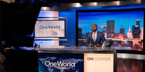 Larry Madowo anchoring news at CNN studios 
