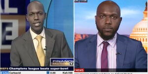 A photo of journalist Larry Madowo, when he was a KTN business anchor (L) and currently as a BBC correspondent 