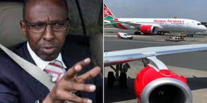 A side-by-side image of lawyer Ahmednasir Abdullahi and one of KQ's aircraft.