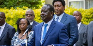 Azimio Leader Raila Odinga and Narok Senator Ledama Ole Kina announcing Senate leadership changes on February 16, 2023.