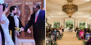 Left: President Uhuru Kenyatta greets the bride and groom as guests (right) follow proceedings at a royal wedding in Jordan on Friday, June 1, 2023.