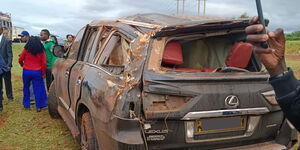 A photo of a black Lexus that was involved in an accident along the Nairobi-Mombasa Highway on January 20, 2024. 