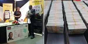 A photo collage of an NTSA official at a driving licence display booth (left) and the smart driving licences.