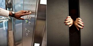 A photo collage of someone keying in floor number at a lift (left) and another person trying to pry open the doors.