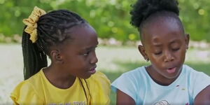 Young actresses of Zora series Nyabiya Syekei (Lila) and Atieno Angel (Fila) pose for a photo.