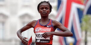 World Marathon record holder Brigid Kosgei wins the women's London marathon on April 28, 2019. 