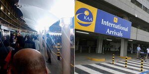 Long queues at JKIA on Monday, September 4, 2023 (left) and entrance to international arrivals section.