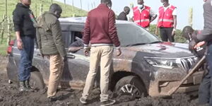 West Pokot Governor John Lonyangapuo's vehicle that was stuck on a muddy road on Wednesday, May 6.