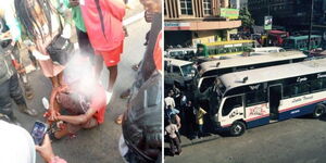A conductor in a bad state after a fight broke between him and a driver attached to Lopha bus sacco (left) and the Lopha stage located at Odeon, CBD, Nairobi.