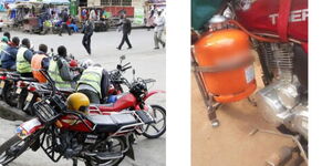 A photo collage of bodaboda cyclers (left) and a modified motorcycle to use LPG.