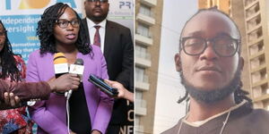 LSK President Faith Odhiambo speaking on April 29, 2024 (left) and a photo of Rex Masai.