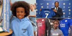 From left to right: Manchester City signee Lucas Onyango, Chelsea's Silko Thomas (top) and Leicester's Mwadime Kazungu pose for photos after joining their respective clubs. 