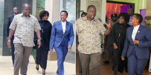 A photo collage of First Lady Rachel Ruto and Interior CS Fred Matiang'i at a meeting on October 22, 2019.