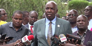 Education Cabinet Secretary Ezekiel Machogu speaking to the press during his visit to Mukumu Girls High School on April 14, 2023.