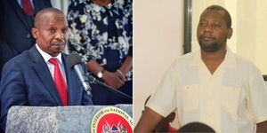 A photo collage of Interior CS Kithure Kindiki and controversial pastor Paul Mackenzie