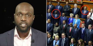 CNN journalist Larry Madowo anchoring news on August 11, 2023 (left) and President William Ruto together with AU Chairperson President Azali Assoumani alongside other leaders at the Italy -Africa Summit.