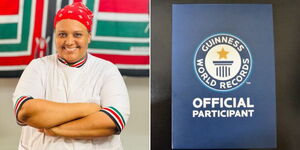 A photo collage of Chef Maliha Mohammed in her kitchen in August 15, 2023 (left) and a copy of the Guinness World Record certificate holder(right).