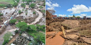 An aeriel view of the Mai Mahiu flooding tragedy (left) and government officials inspecting the tunnel that was blocked.