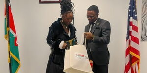 Elsa Majimbo and Sport Cabinet Secretary Ababu Namwamba at the Kenya Consulate in Los Angeles.