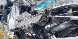 A photo of the wreckage of the matatu that collided with a truck at Mlima Kiu area in Makueni on the Nairobi- Mombasa Highway on September 8, 2023. 