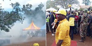 Photo collage of teargas lobbed and UDA Secretary General Cleophas Malala speaking in Marsabit on Saturday June 3, 2023