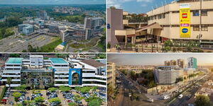 From top left: A photo collage of Two Rivers Mall in Ruaka, Yaya Centre near Kilimani Estate, Sarit Center in Westlands and  Business Bay Square in Eastleigh. 