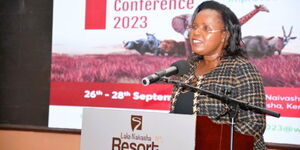 Tourism CS Peninah Malonza speaking during the Inaugural Wildlife Scientific Research Conference on September 26, 2023.
