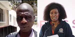 A photo collage of a former teacher who claimed his pension was swindled (left) and TSC boss Nancy Macharia