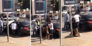 A photo collage of a man throwing a female passenger from his Mercedes Benz in Nairobi.