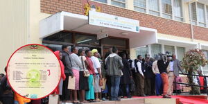 A photo collage of Kenyans queueing outside the Department of Immigration and a KCSE certificate.