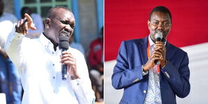 A photo collage of Kapsaret MP Oscar Sudi speaking in his constituency on August 26 (left) and Uasin Gishu Senator Jackson Mandago speaking at an event on August 11, 2023 (right).