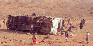A Mandera bound bus overturns after hitting an Improvised Explosive Device on Wednesday, March 24.