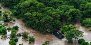 An aerial view of a camp marooned in floods in the Maasai Mara on May 1, 2024