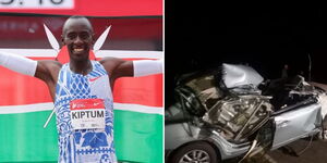 Marathon record holder Kelvin Kiptum (left) and wreckage of his car involved in an accident.