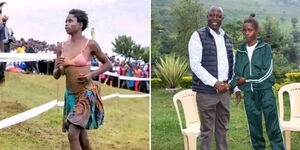 A photo collage Milka Menjo participating in a 12km marathon and while posing a photo with Tinderet MP Kibiwot Julius