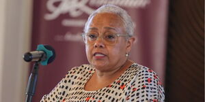 Former First Lady Margaret Kenyatta speaking during a training session in Mombasa on April 6, 2024.