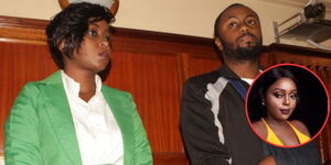 Former Citizen TV journalist Jacque Maribe and Joseph Irungu alias Jowie appearing in court on October 15, 2018, and a photo of Monica Kimani (in the circle). 