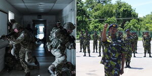 Photo collage of 40 Royal Commando Marines during a training session and Kenyan Marine Commando Unit (KMCU) marching on Friday May 5, 2023