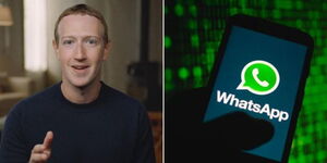 Meta Chief Executive Officer (CEO) Mark Zuckerberg unveiling a product on September 16, 2020, and a logo of WhatsApp on a phone.