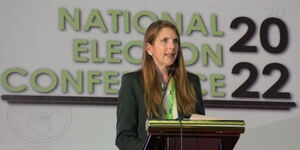 British High Commissioner to Kenya, Jane Marriott giving a speech during the Kenya national elections conference held on Monday, July 11, 2022.