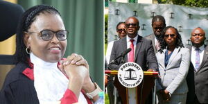 A photo collage of CJ Martha Koome (left) and LSK officials