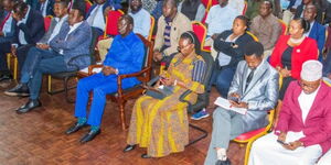 Martha Karua (in yellow dress) joins Azimio leaders in an engagement with members of the civil society at Ufangamano House on April 13, 2023.