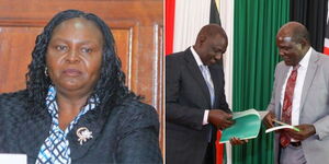A photo collage of Mary Wanyonyi appearing before MPs on June 22, 2023 (left) and President William Ruto and former IEBC chairperson Wafula Chebukati at State House Nairobi on January 17, 2023.