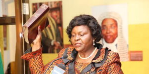 CRA chairperson Mary Wanyonyi takes the oath of office at Supreme Court, Nairobi, on July 17, 2023. 