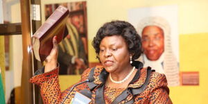 CRA chairperson Mary Wanyonyi takes the oath of office at Supreme Court, Nairobi, on July 17, 2023. 