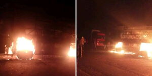 A 65-seater bus set ablaze along the Nairobi-Nakuru-Eldoret highway on Sunday, December 21, 2025.