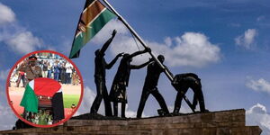 An artistic impression of people raising the Kenyan flag and an insert of the body of Raila Odinga inside a casket.