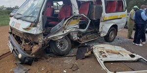 A matatu involved in an accident on Wednesday, May 27  at the Thika flyover near the Ngoingwa-Murram road junction.
