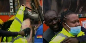 A photo collage of a matatu driver using a policewoman as a shied from an irate mob at Bee Centre, Manyanja Road in Nairobi on Monday, July 3, 2023. 