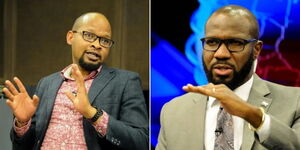 A photo collage of NMG multimedia editor Oliver Mathenge and NTV anchor James Smart during separate TV shows.